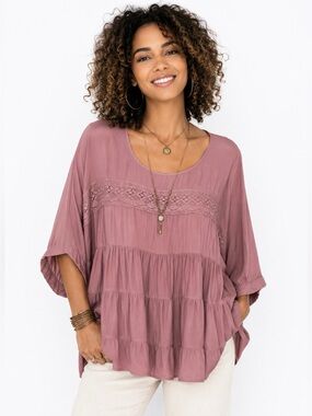 Easel ($75) Crochet Lace Tiered Babydoll Tunic Top - PTP 23 L 30